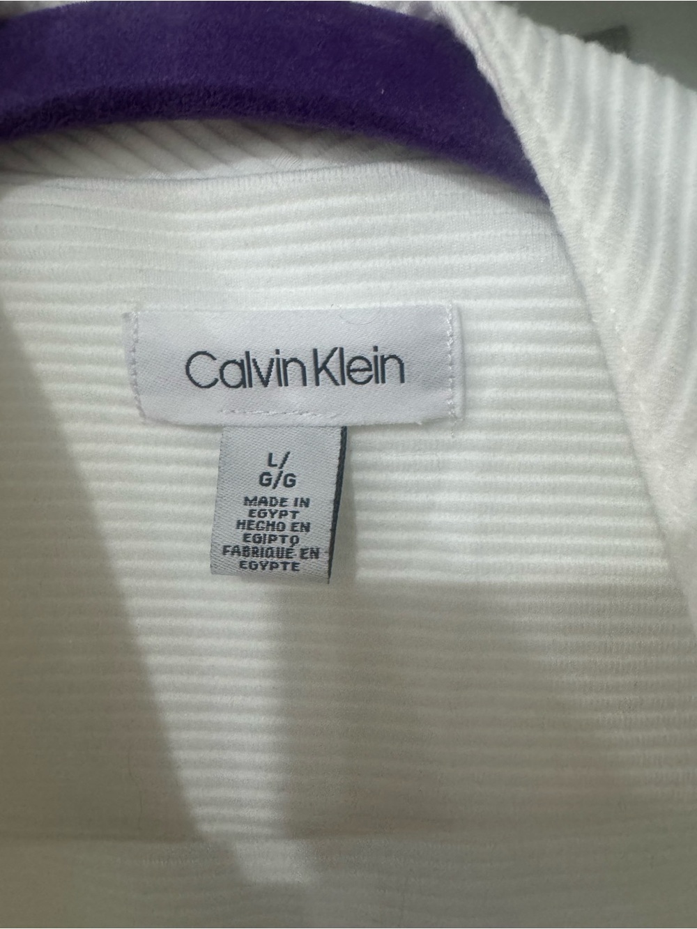Calvin Klein White Ribbed Top with Purple Neck Trim